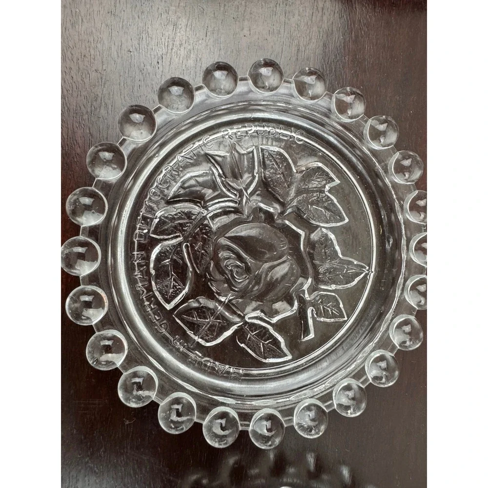 Vintage Set of 6 Rose Glass Coasters Made in German Democratic Republic Bead Rim